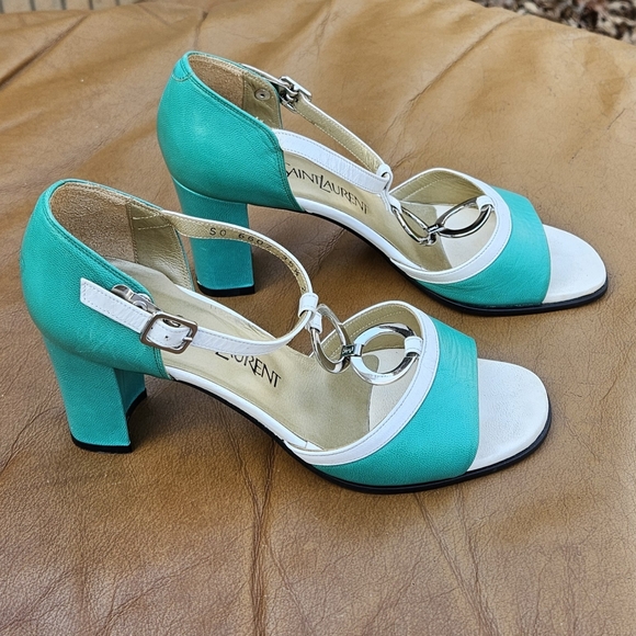 Women's Yves Saint Laurent Turquoise White Leather Sandals Heels Sz 5.5 US - Picture 4 of 14
